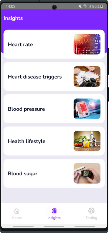 Screenshot of Health Tracker App displaying a list of health topics, including nutrition, exercise, mental health, and wellness, for users to explore and read insights.