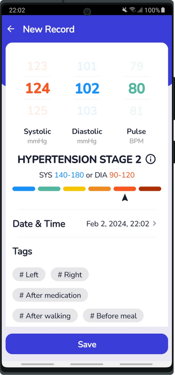 Screenshot of Health Tracker App interface showing the option to add a new blood pressure record, with fields for systolic and diastolic readings, date, and time.